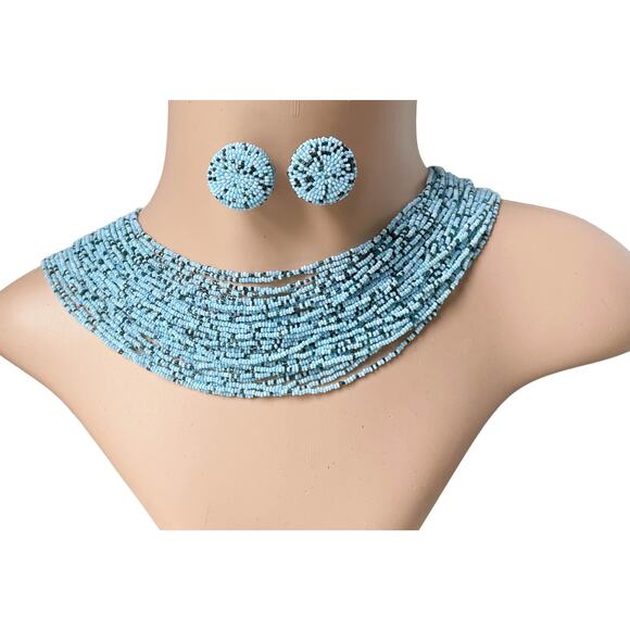 1980s Blue 36 Strand Seed Bead Demi Parure Torsade Choker & Clip On Earrings - Picture 1 of 10